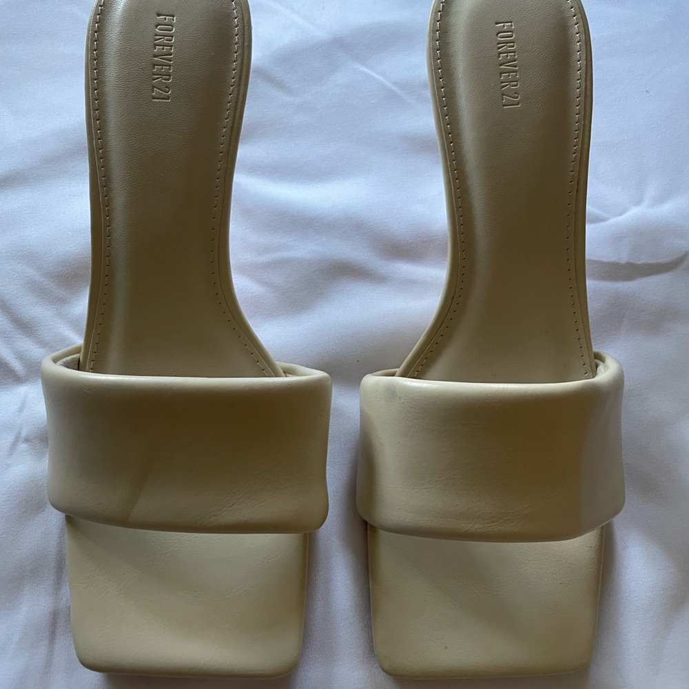 Forever 21 Cream Padded Strap Square Toe Slide Mules